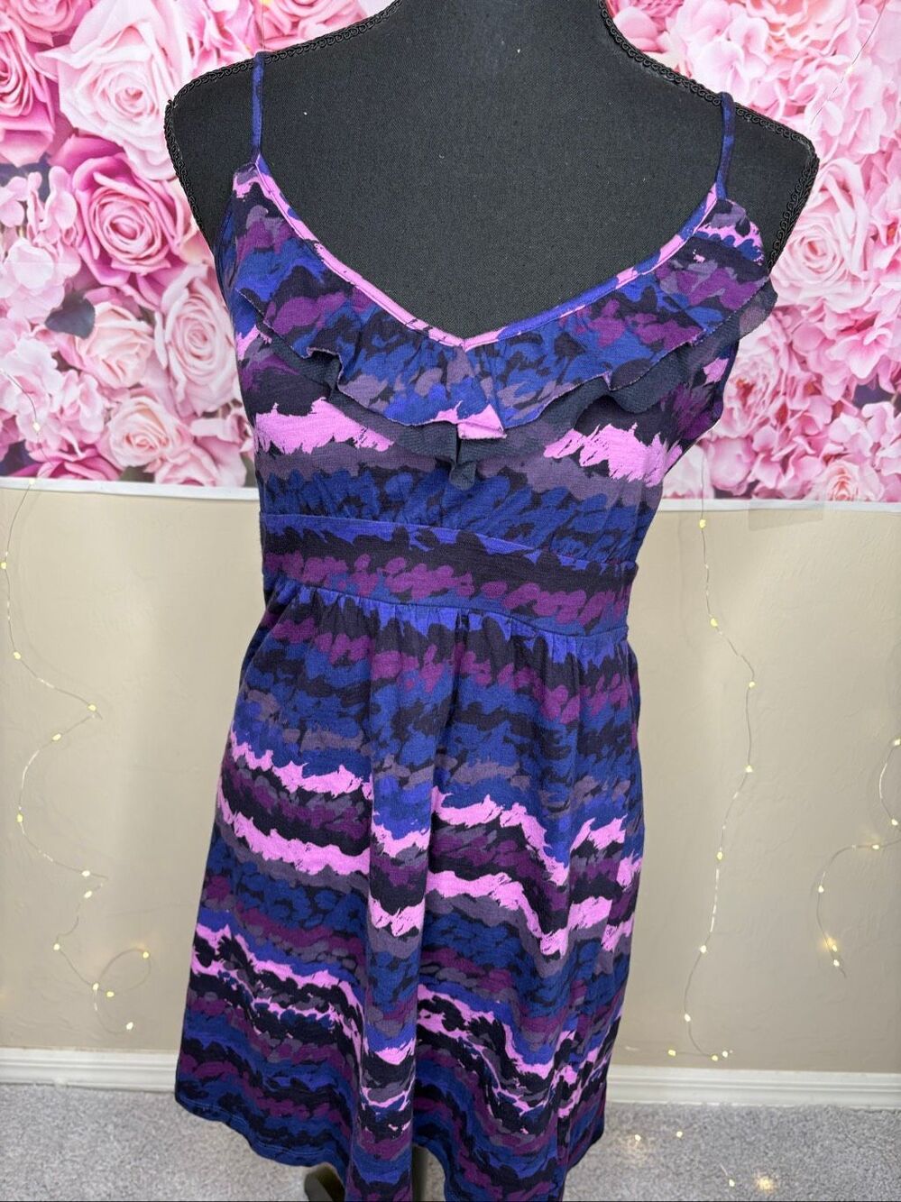 Banana Republic 100% Cotton Purple Blue Abstract Floral Ruffle Empire Waist Spag